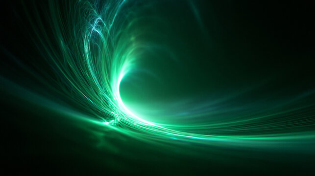 Abstract Green Futuristic Energy Wave and Glowing Light Particles