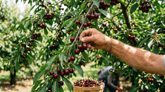 Hand picking ripe cherries from tree, close-up, fresh fruit harvest