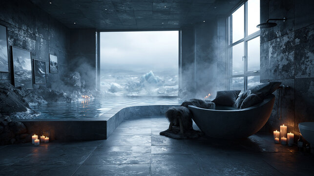 Luxury Spa Interior with Steamy Thermal Pool and Arctic View