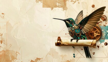 Fototapeta premium Vintage hummingbird collage on aged parchment background with a small rolled scroll.
