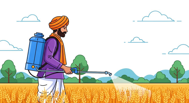 Indian farmer in traditional attire spraying pesticide on golden wheat field with backpack sprayer vector illustration