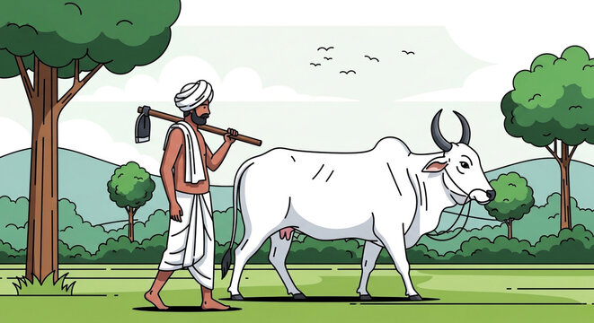 Indian Farmer Walking with a White Bull in a Rural Countryside Landscape Carrying a Traditional Farming Tool