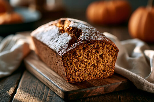 loaf of  pumpkin bread on wooden board