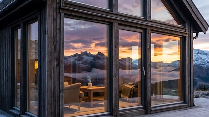 Fototapeta premium Sunset mountain reflection in modern cabin glass windows.
