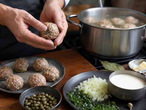 H&auml;nde formen K&ouml;nigsberger Klopse aus gew&uuml;rztem Hackfleisch und geben sie in den Topf. Authentische Zubereitung des klassischen deutschen Gerichts mit Kapern, Zwiebeln und Sahne.