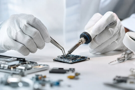 Precision Soldering on Microchip: A close-up shot shows a technician wearing white gloves carefully soldering a microchip with tweezers and a soldering iron, surrounded by electronic components.
