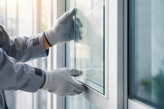 Window Installation: Close-up of hands wearing work gloves carefully installing a glass pane into a window frame, highlighting precision and professional craftsmanship.