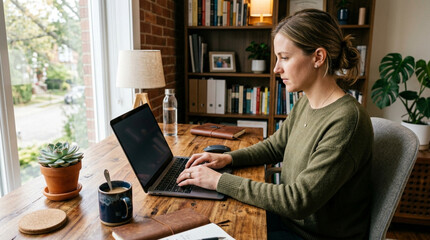 Obraz premium Woman Working on Laptop at Desk in Home Office