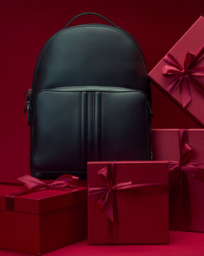 Backpack and wrapped gifts on red background