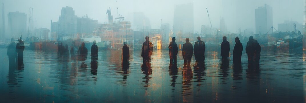 A group of silhouetted figures stands in shallow water with a foggy cityscape and construction cranes in the background, creating a mysterious, reflective scene.