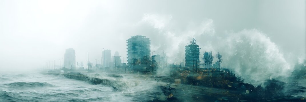 A coastal city faces massive waves crashing against buildings during a storm, creating a dramatic and intense seascape scene.