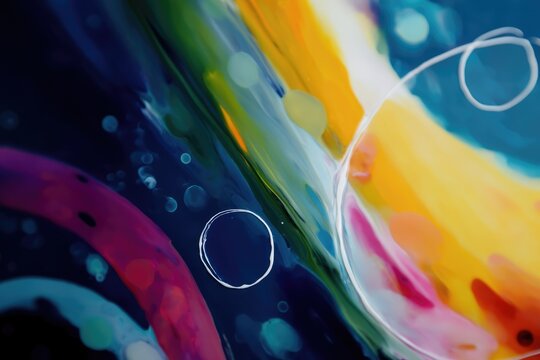 A close-up of an abstract, colorful painting with blurred edges and swirling colors, representing the concept of joy in motion.