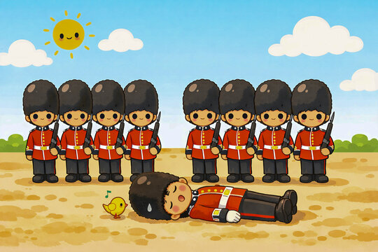 Cute Royal Guard Fainting in the Hot Sun Cartoon Illustration