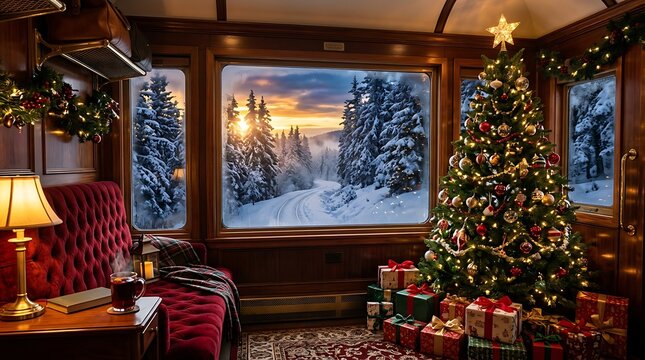 Cozy christmas train carriage interior with a decorated tree, gifts, and a snowy forest view through the window at sunset