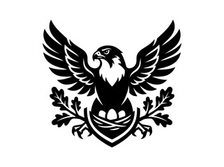 Fototapeta premium Black and White Emblem of an Eagle with Wings Spread Over Nest and Oak Leaves