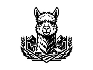 Fototapeta premium Black and White Alpaca Farm Logo - Rustic Mountain Landscape