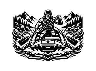 Fototapeta premium Aggressive Rafter in Inflatable Raft with Paddles on Whitewater Rapids - Black and White Vector Illustration