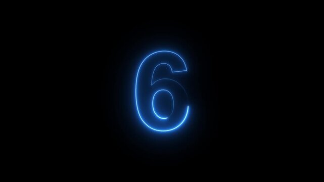 Blue Neon Number 6 Countdown Animation on Black Background