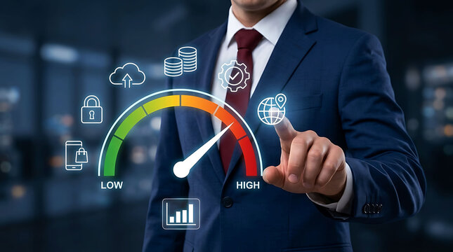 Businessman touching high speed performance meter interface for web optimization