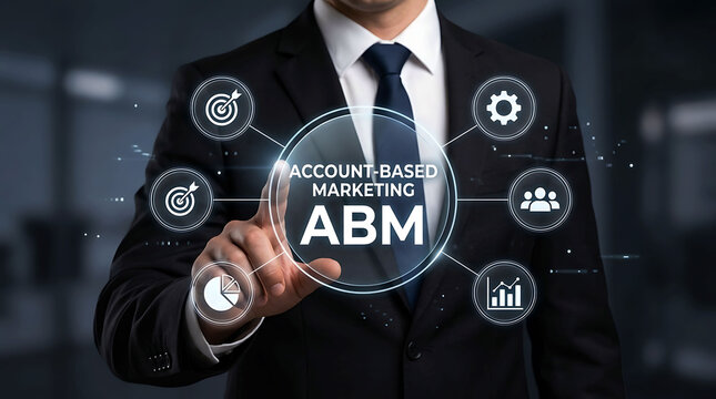 Businessman pointing account based marketing abm concept interface on futuristic screen