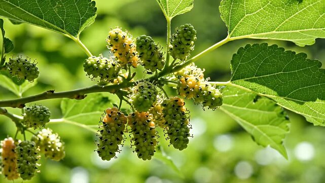Green and yellow fruit clusters hang from a leafy tree branch