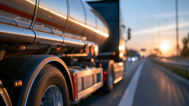 Large fuel truck with a metal tanker delivering fuel along a highway road, energy logistics concept, with copy space
