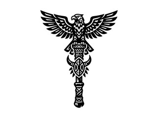 Fototapeta premium Stylized Eagle Tribal Totem Staff Black and White Glyph - Indigenous Culture, Power, and Fantasy Art Logo