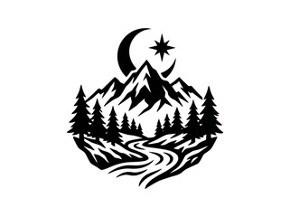 Obraz premium Outdoor Nature Mountain Landscape Silhouette Vector with Pine Trees, River, Crescent Moon, Star - Black White Graphic