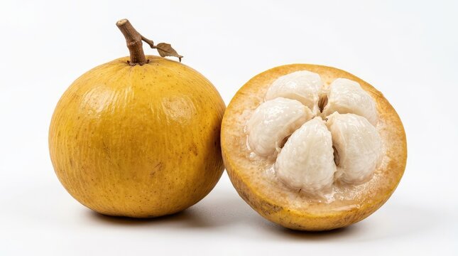 Whole and halved ripe santol fruit isolated on a white background.