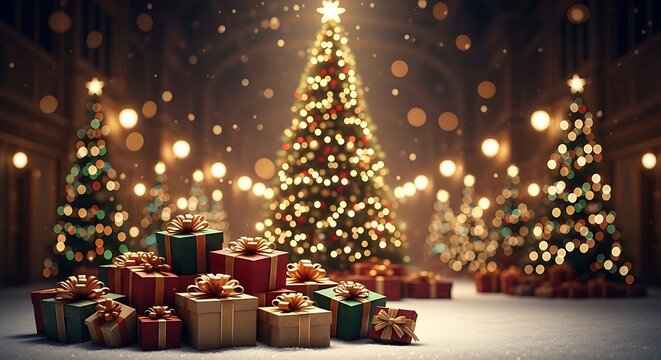 Festive christmas scene with a large decorated tree in the center, surrounded by beautifully wrapped gift boxes on a snowy floor in a warm, glowing hall