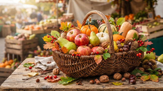 Cesta de productos frescos de oto&ntilde;o con manzanas, peras, calabazas, nueces y casta&ntilde;as, concepto de cosecha, alimentaci&oacute;n saludable y naturaleza.
