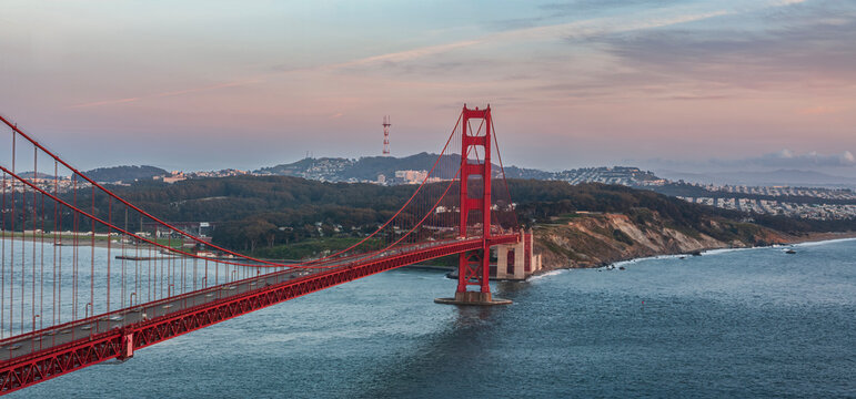 Beautiful wide panoramic view of Golden Gate Bridge at sunset in San Francisco