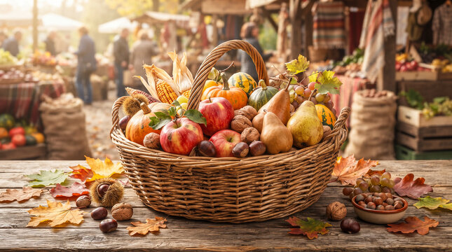 Cesta de productos frescos de oto&ntilde;o con manzanas, peras, calabazas, nueces y casta&ntilde;as, concepto de cosecha, alimentaci&oacute;n saludable y naturaleza.