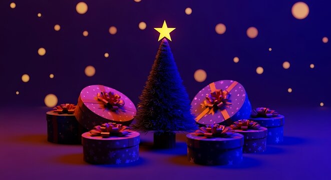 A festive 3d rendered christmas tree with a glowing yellow star on top, surrounded by several round gift boxes with bows against a dark blue background