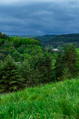 Obraz premium Forest meadow landscape cloudy sky, dramatic weather scenery. Dark storm clouds pine woodland green hilly terrain.
