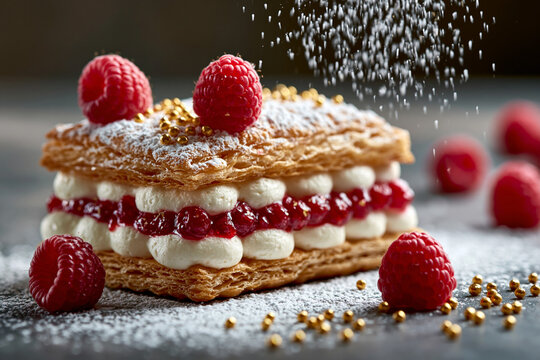 Himbeer-Mille-Feuille wird mit Puderzucker best&auml;ubt, edles Dessert