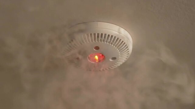 Alarming Smoke Detector Flashing Red Light Amidst Swirling Smoke