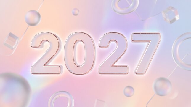 Three dimensional metallic text of the year 2027 on a soft pastel background with floating bubbles