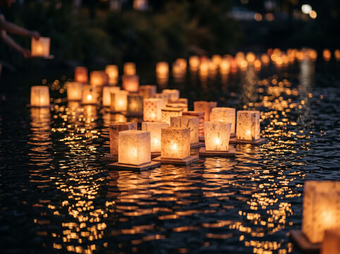 Illuminated paper lanterns floating on dark water surface during night memorial