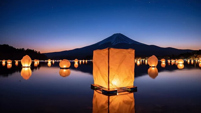 Tranquil night scene with glowing lanterns on water, majestic mountain backdrop