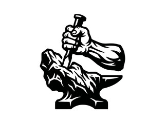 Naklejka premium Blacksmith's Hand with Chisel Carving Stone on Anvil, BW Line Art Symbol