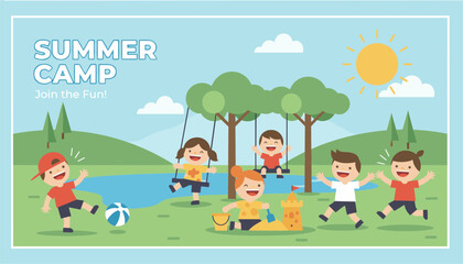 Fototapeta premium Group of happy children enjoys outdoor activities at a summer camp by the lake on a beautiful sunny day.