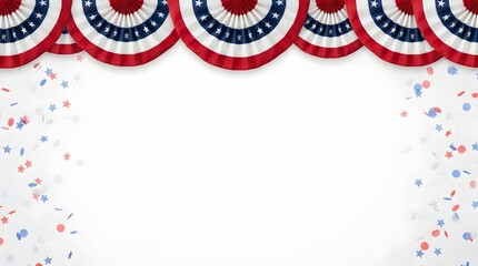 Obraz premium Patriotic American flag bunting with colorful confetti on a white background.