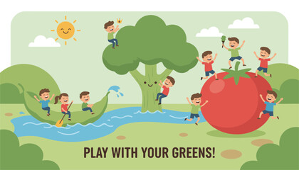 Naklejka premium Playful miniature children climb a broccoli tree and row a pea pod boat in a creative play with your greens design.