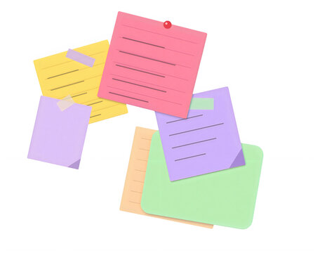Colorful sticky notes and tron paper sheets arranged in a stack isolated on transparent background