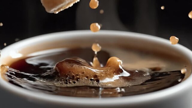 Cubes of light brown sugar falling into a dark, steaming coffee cup