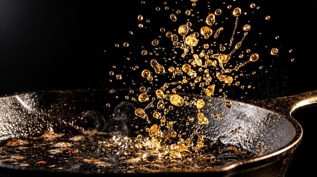 Explosion of Golden Liquid Droplets in a Hot Pan.