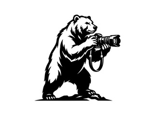 Fototapeta premium Black and White Bear Photographer Vector Logo with Camera Icon