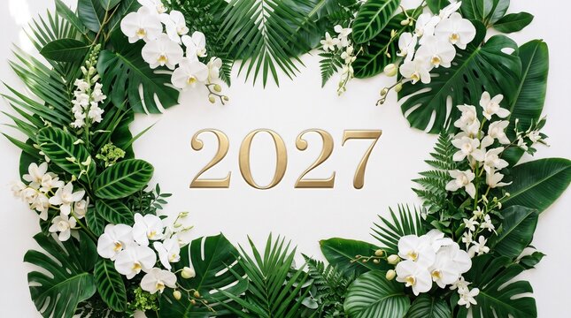 Festive new year arrangement with tropical foliage and delicate white orchid blooms for 2027