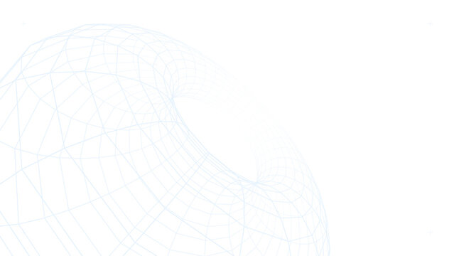 Abstract wireframe structure of toroid shape in white lines on transparent grid background.